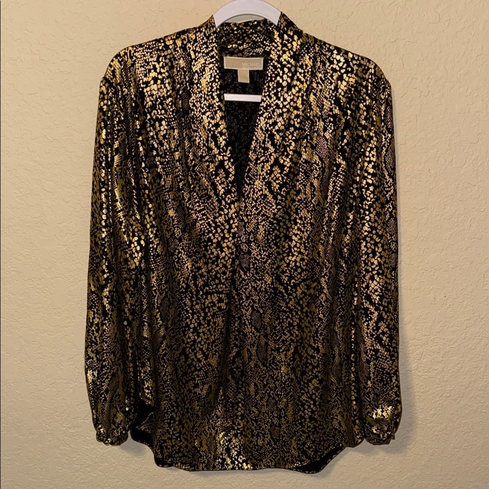 Michael Kors Metallic Snake-Print Blouse in Gold and Black plus size 2x - Thumbnail 3