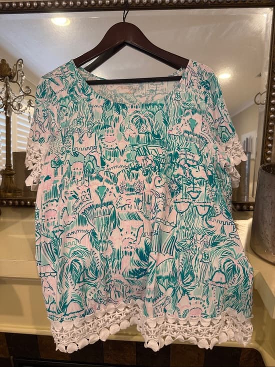 Lilly Pulitzer Teal Botanical Scoop Neck Top with Lace Trim size xl - Thumbnail 7