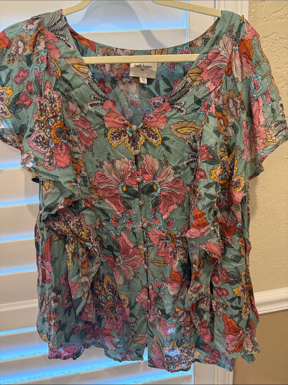 Haute Hippie Floral Puff-Sleeve Button-Front Top with Pink Floral plus size 1x