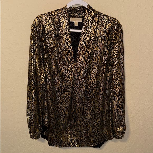 Michael Kors Metallic Snake-Print Blouse in Gold and Black plus size 2x - Thumbnail 4