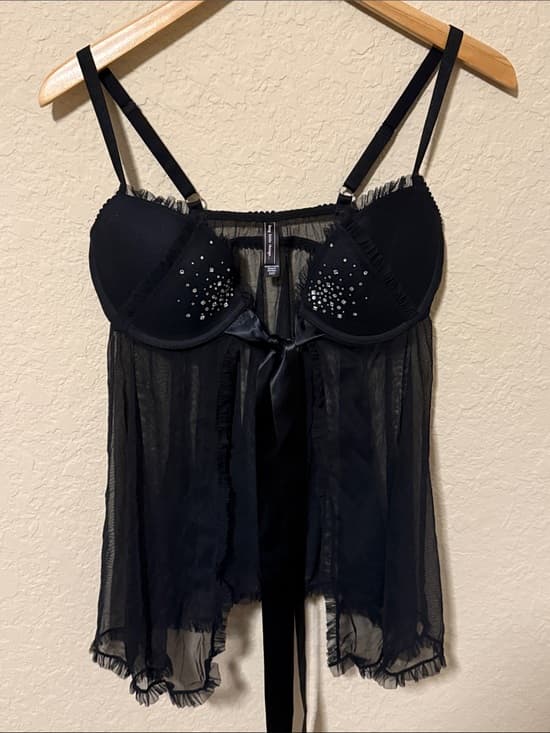 Y2K VS Black Rhinestone Babydoll Chemise - Women Intimates 36C - Thumbnail 4