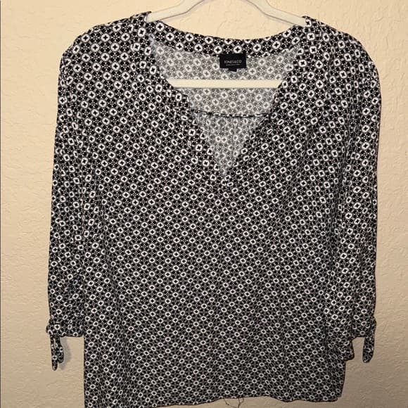 Jones New York Black and White Micro Geometric Print Blouse - Thumbnail 4