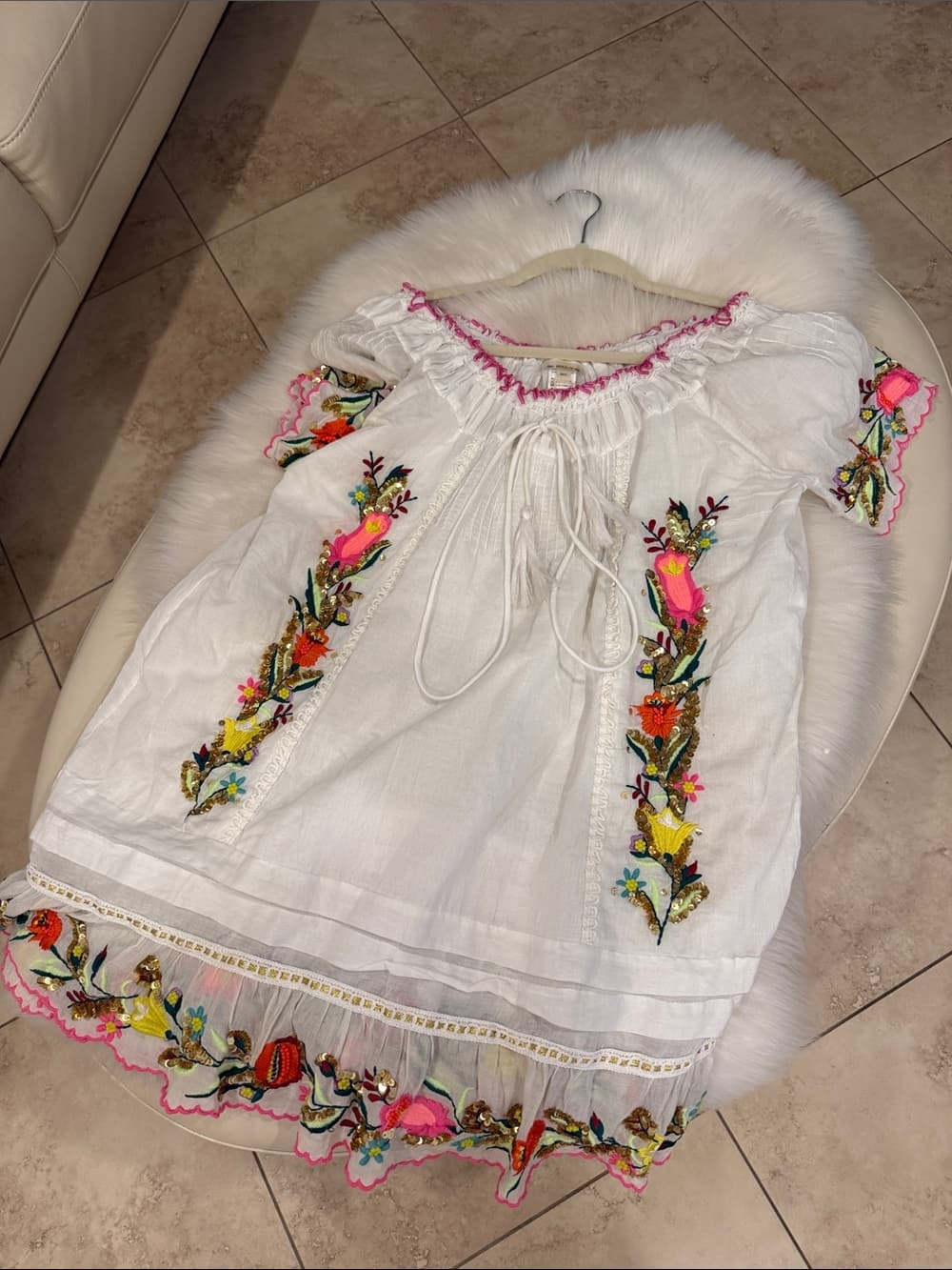Pilyq Lana White with Pink and Yellow Floral Embroidery dress m/l - Thumbnail 4