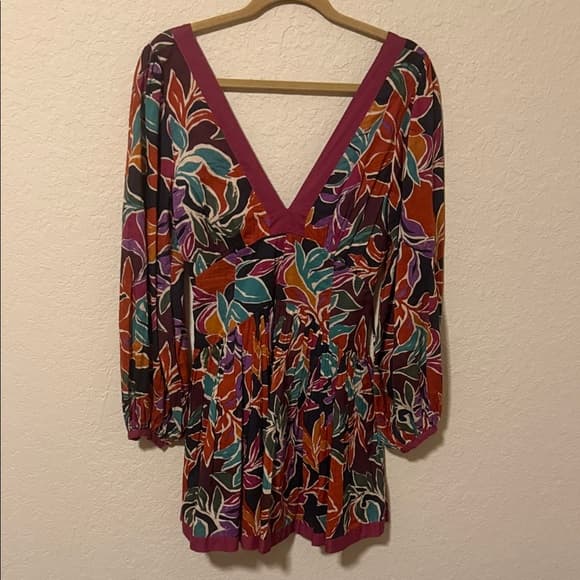 Caroline Constas Women’s Deep V Floral Print Long Sleeve Top in Plum and Teal m - Thumbnail 5