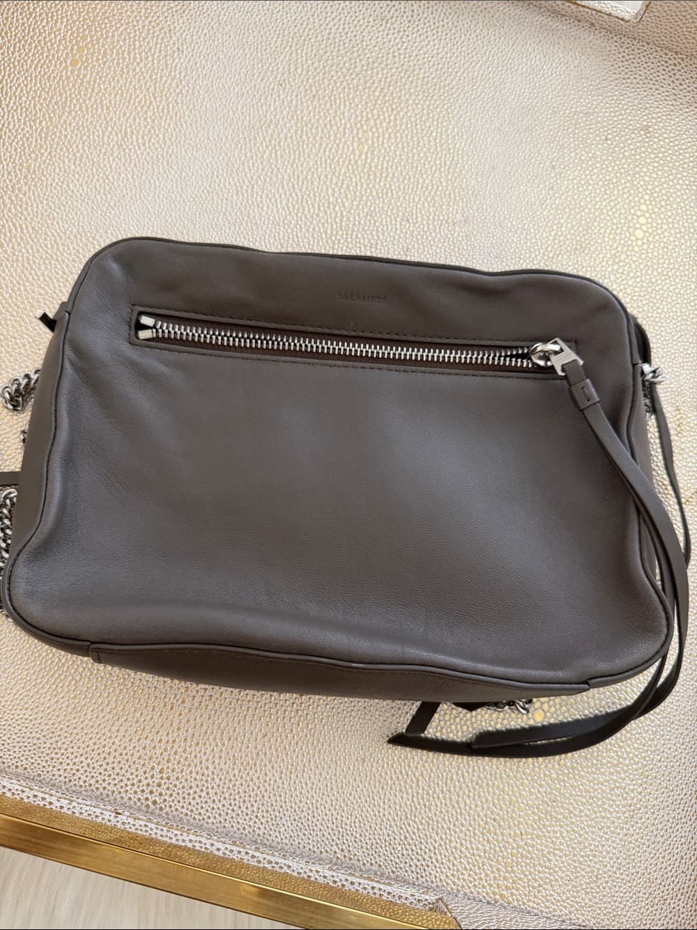 All Saints Leather Chain-Shoulder Crossbody Bag in Dark Greige Taupe - Thumbnail 3