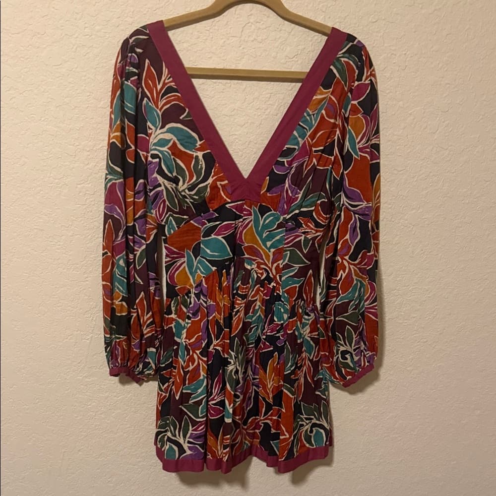 Caroline Constas Women’s Deep V Floral Print Long Sleeve Top in Plum and Teal m - Thumbnail 4