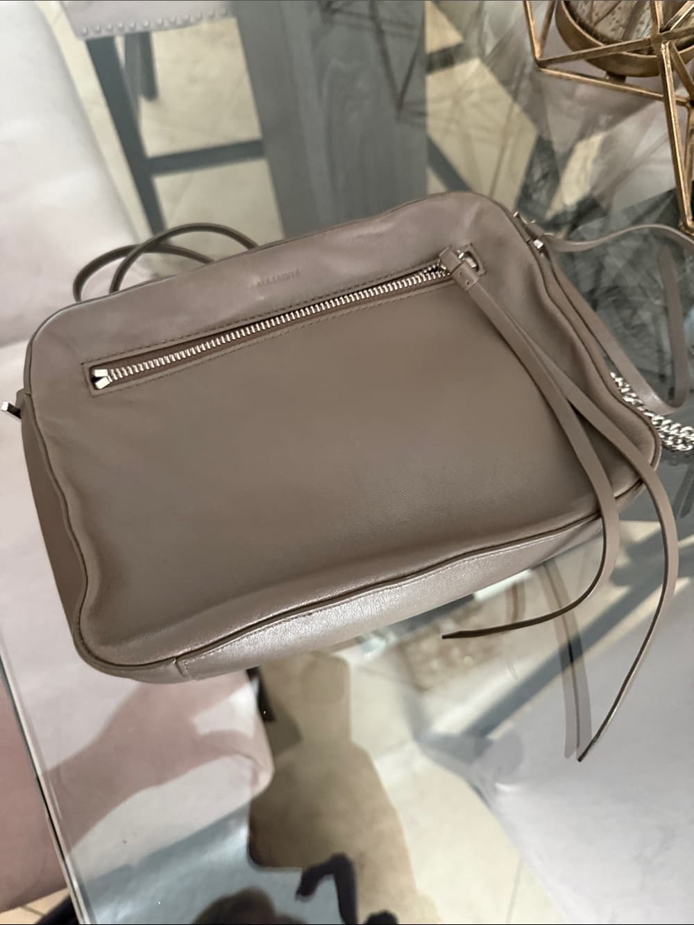 All Saints Leather Chain-Shoulder Crossbody Bag in Dark Greige Taupe - Thumbnail 9