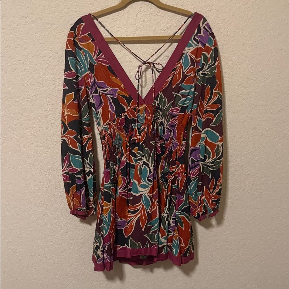 Caroline Constas Women’s Deep V Floral Print Long Sleeve Top in Plum and Teal m
