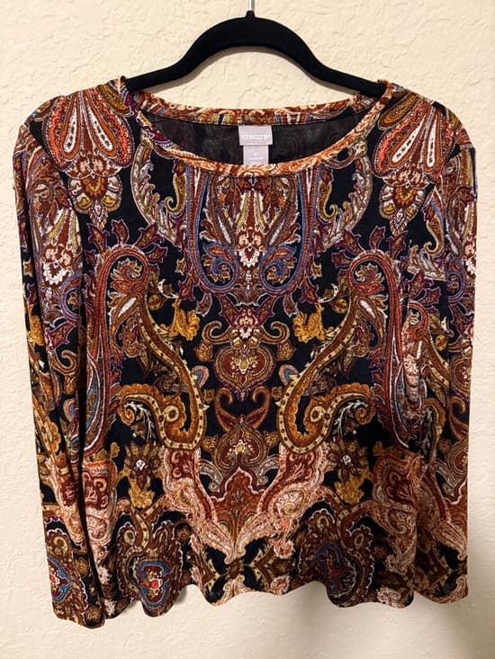 Chico's Black Paisley Long Sleeve Top with Rust, Gold & Blue Accents - Thumbnail 4