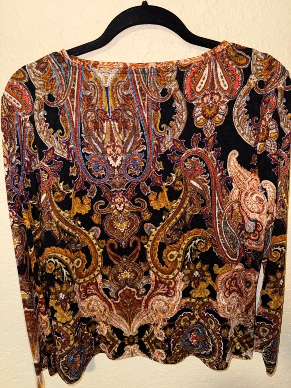 Chico's Black Paisley Long Sleeve Top with Rust, Gold & Blue Accents - Thumbnail 2