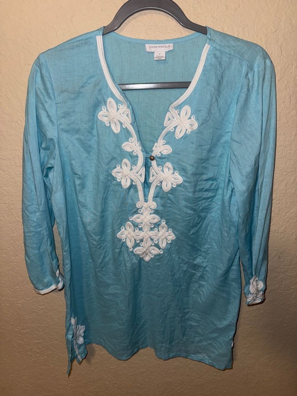 Charter Club Sky Blue Embroidered V-Neck Tunic 100% Linen Size Large - Thumbnail 4