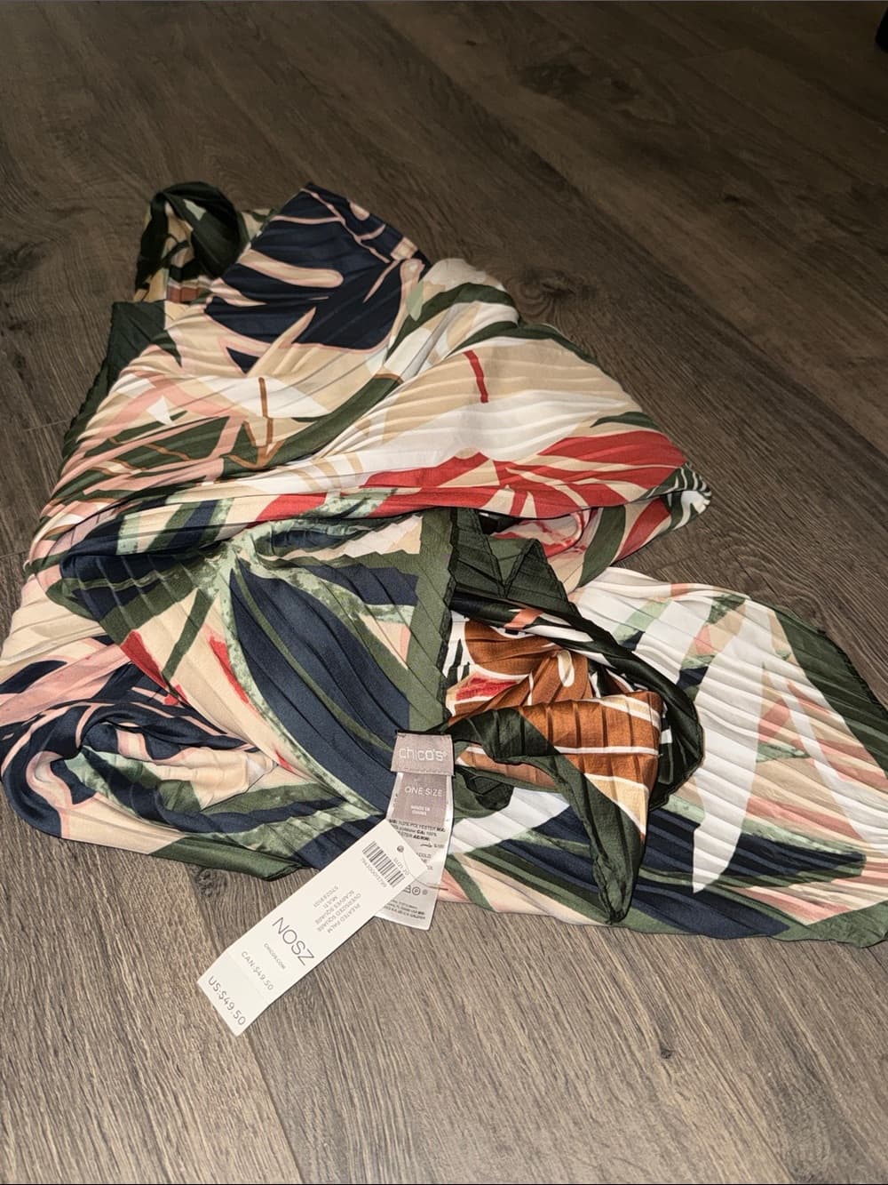 Chico's Pleated Palm Oversized Scarf Square - Navy, Coral, Green, Beige - Thumbnail 3