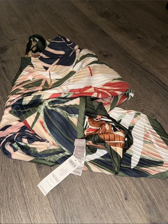 Chico's Pleated Palm Oversized Scarf Square - Navy, Coral, Green, Beige - Thumbnail 4