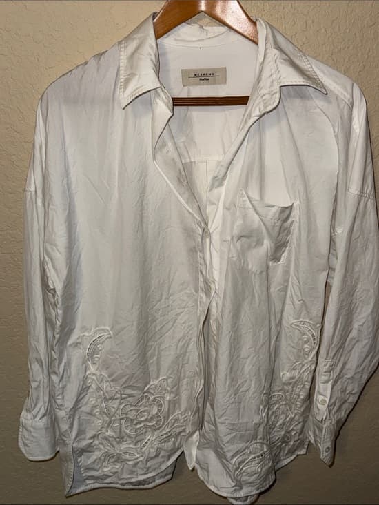 MaxMara White Embroidered Cotton Button-Down Shirt 26" pit to pit - Thumbnail 5