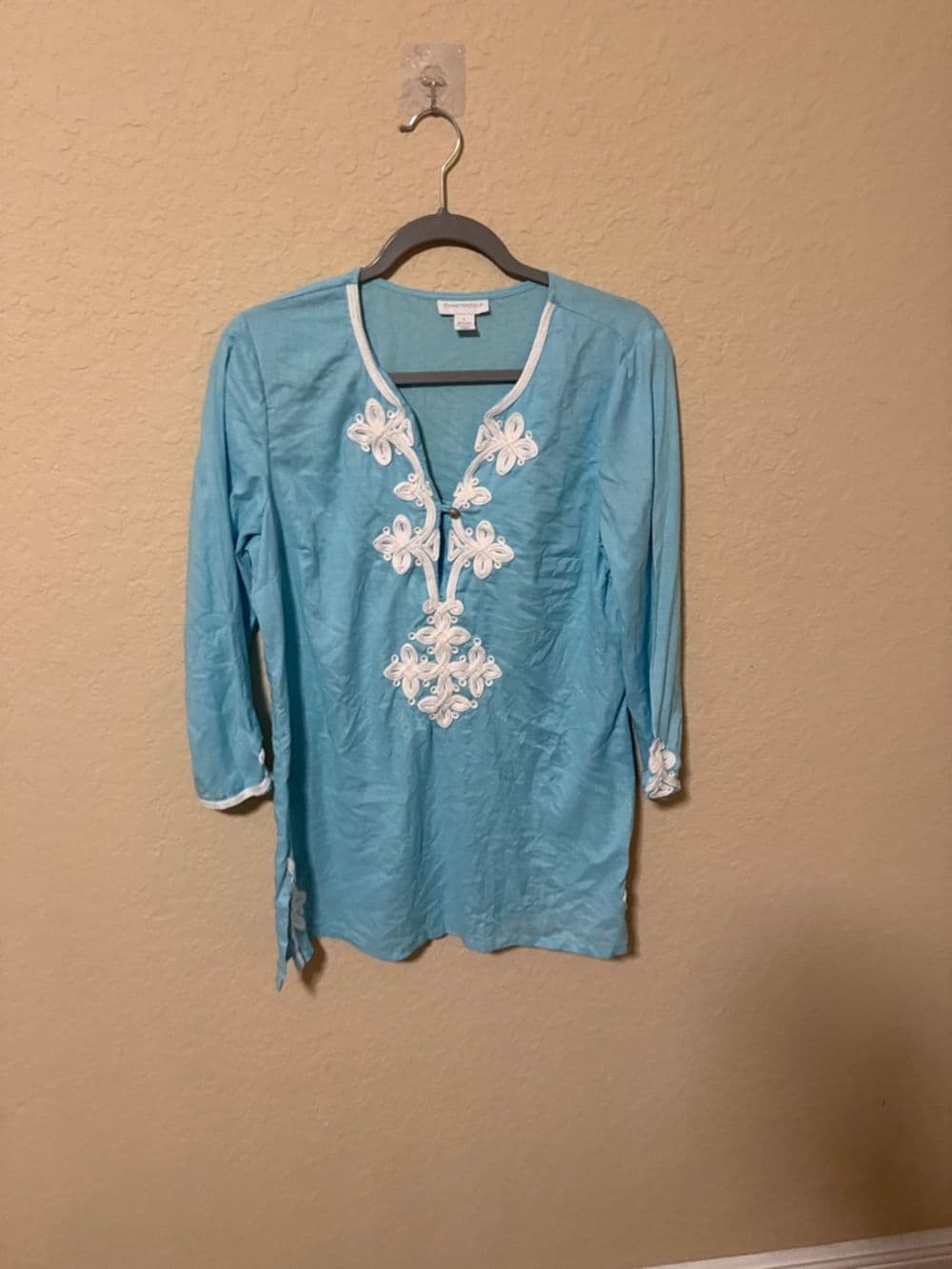 Charter Club Sky Blue Embroidered V-Neck Tunic 100% Linen Size Large