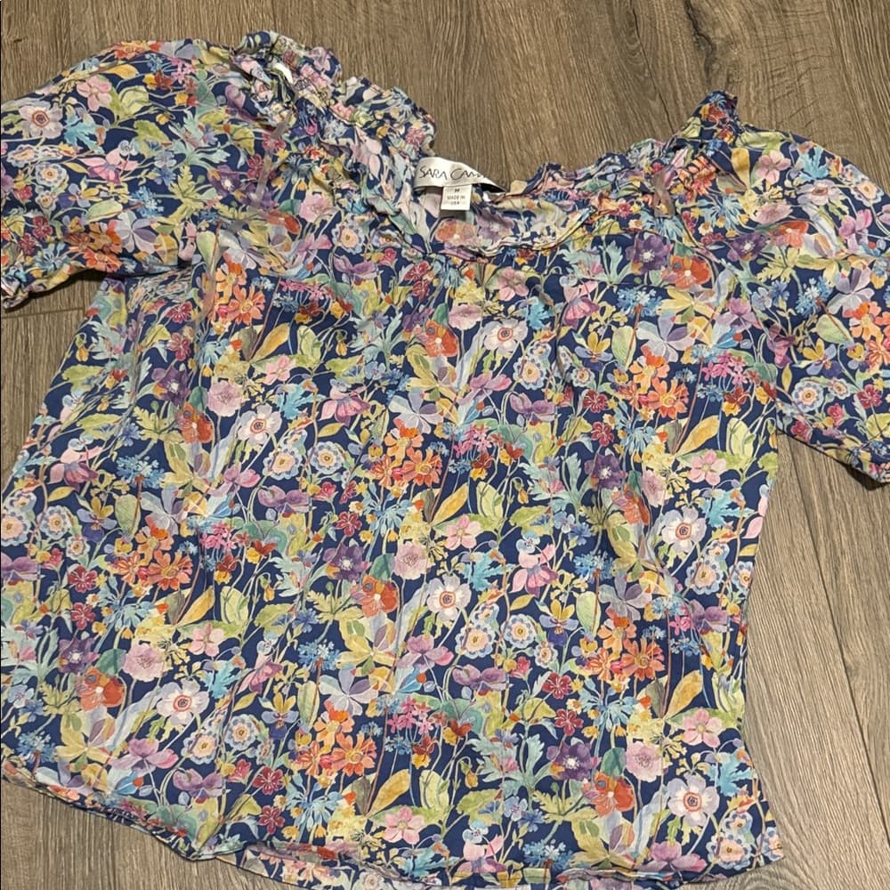 Sara Campbell Navy Floral Ruffle-Neck Puff Sleeve Top - Thumbnail 3