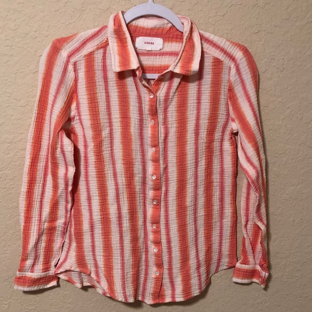 Xirena Striped Button-Up Shirt in Coral and White xs - Thumbnail 3