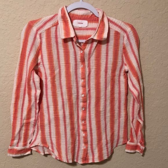 Xirena Striped Button-Up Shirt in Coral and White xs - Thumbnail 4