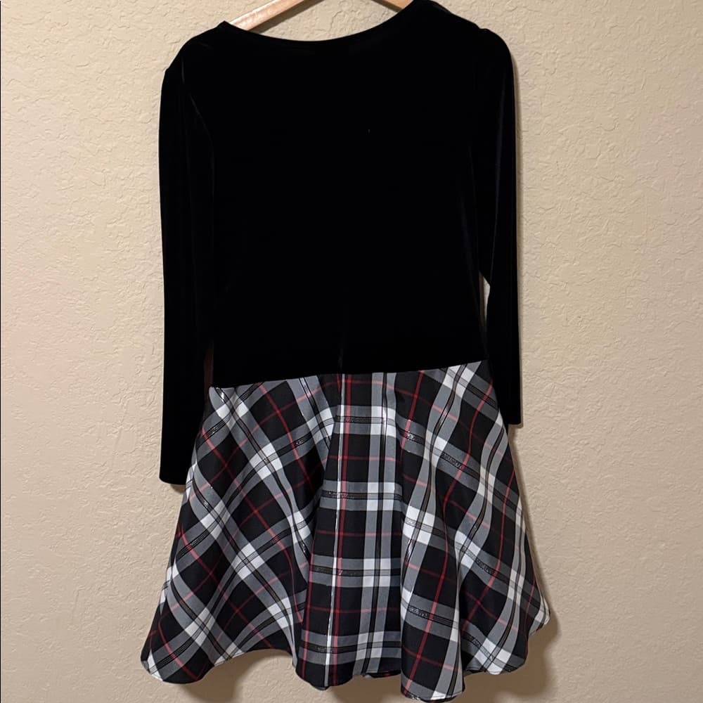 Bonnie Jean Black Velvet Dress with Red Sash and Plaid Skirt 18 plus vintage - Thumbnail 2