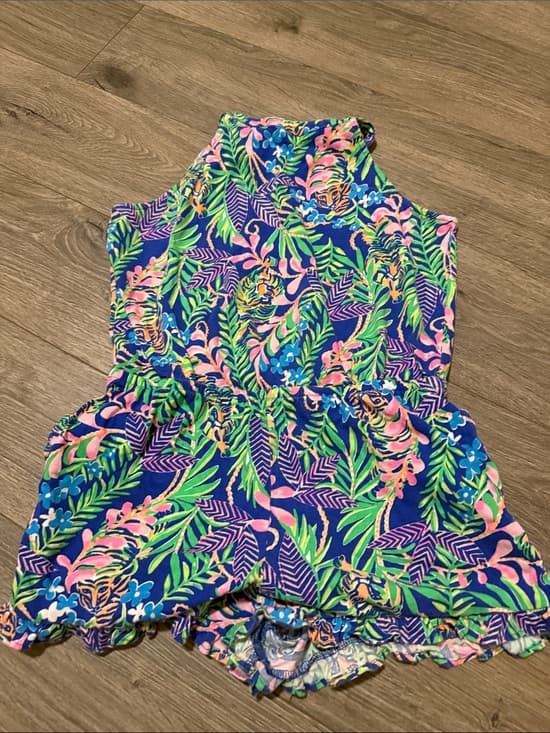 Lilly Pulitzer Girls Blue Pink Green Floral Romper - Thumbnail 4