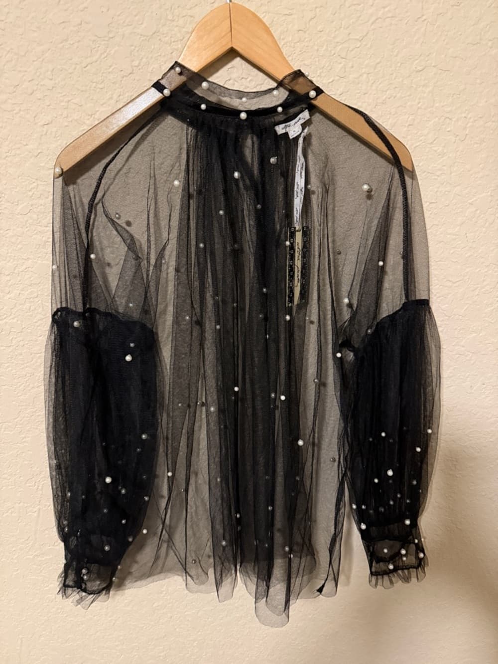 Ultra Flirt Black Sheer Pearl-Embellished Long-Sleeve Mesh Top 29" nwt - Thumbnail 4