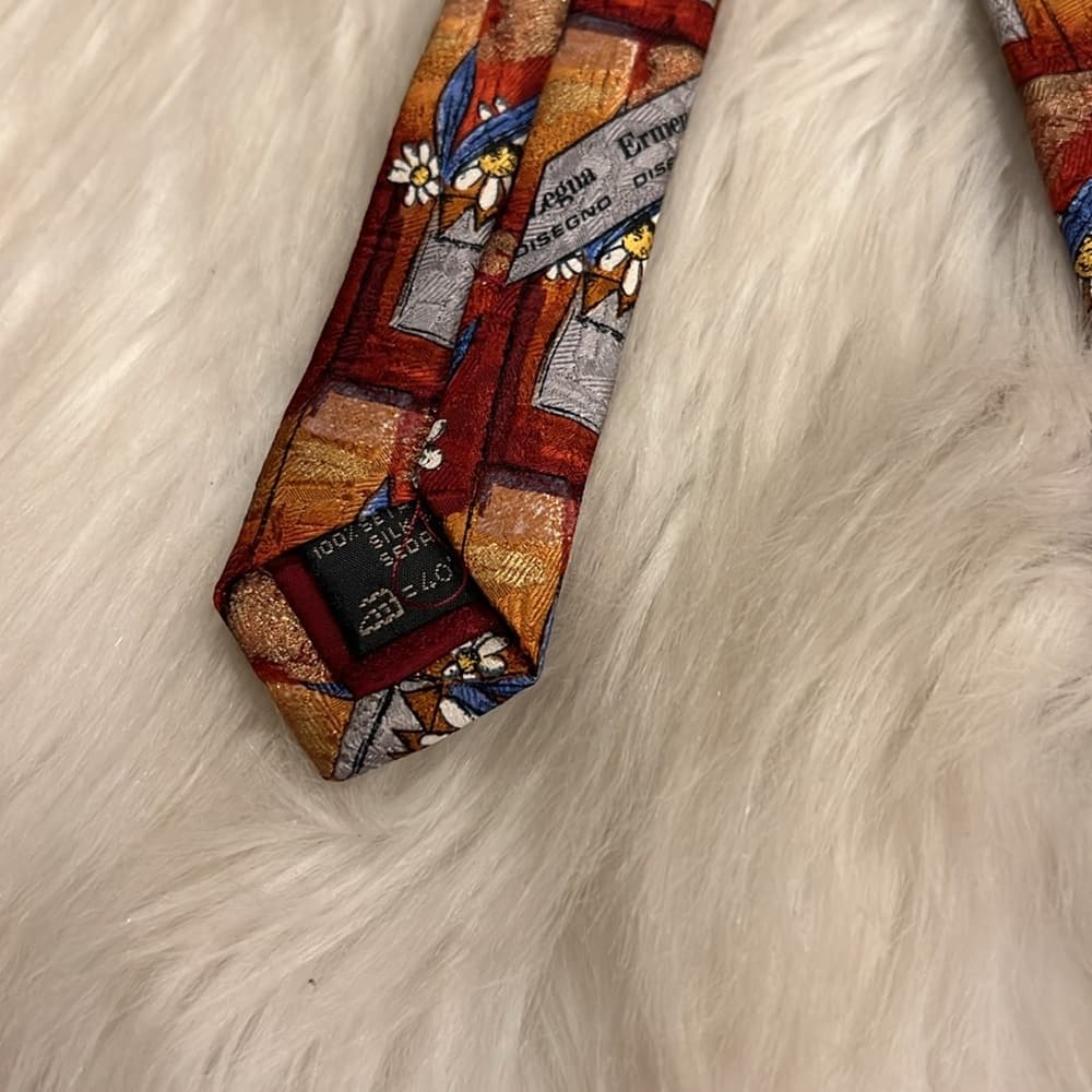 Ermenegildo Zegna Red and Brown Tie with Geometric Design - Thumbnail 2