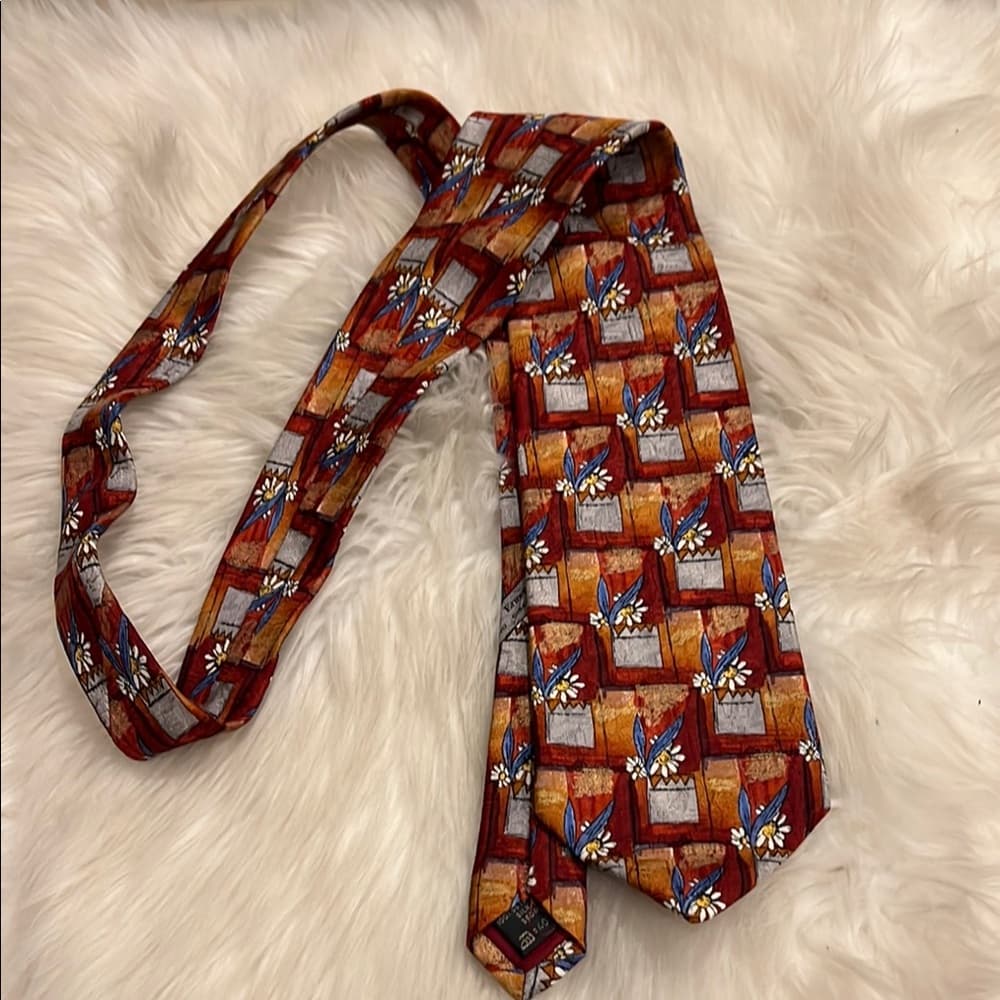 Ermenegildo Zegna Red and Brown Tie with Geometric Design - Thumbnail 3