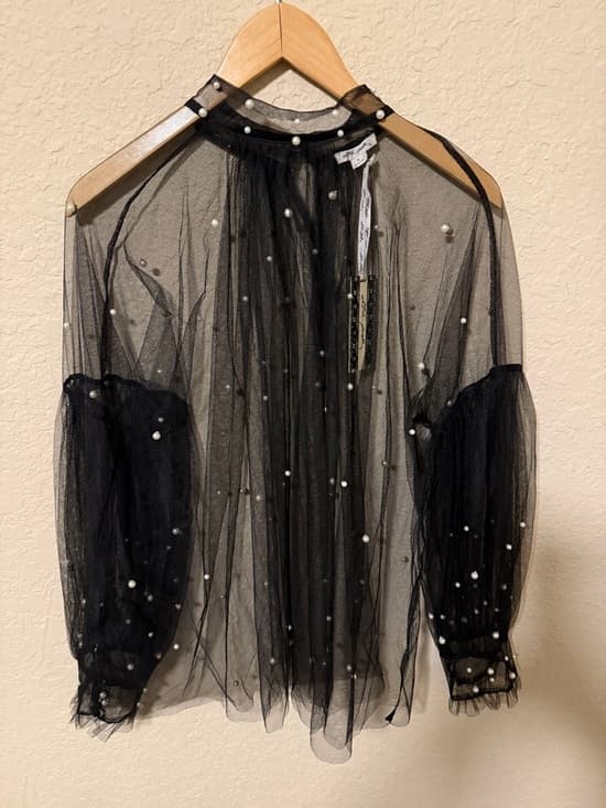 Ultra Flirt Black Sheer Pearl-Embellished Long-Sleeve Mesh Top 29" nwt - Thumbnail 5