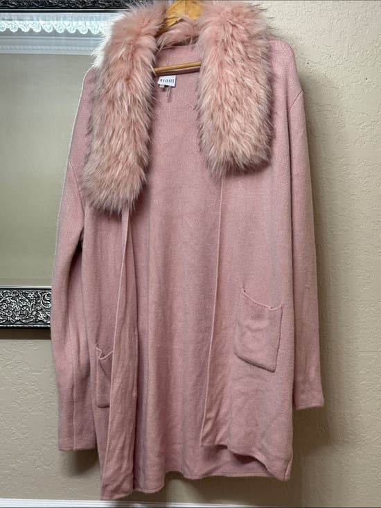 Sioni Dusty Pink Faux-Fur Collar Open Cardigan - Thumbnail 5