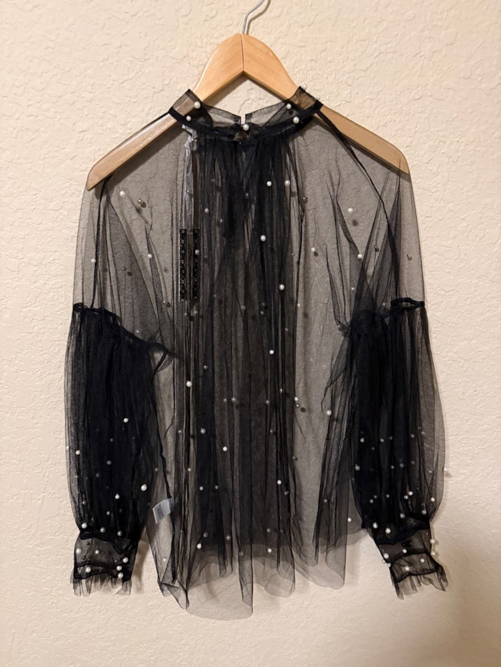 Ultra Flirt Black Sheer Pearl-Embellished Long-Sleeve Mesh Top 29" nwt - Thumbnail 2
