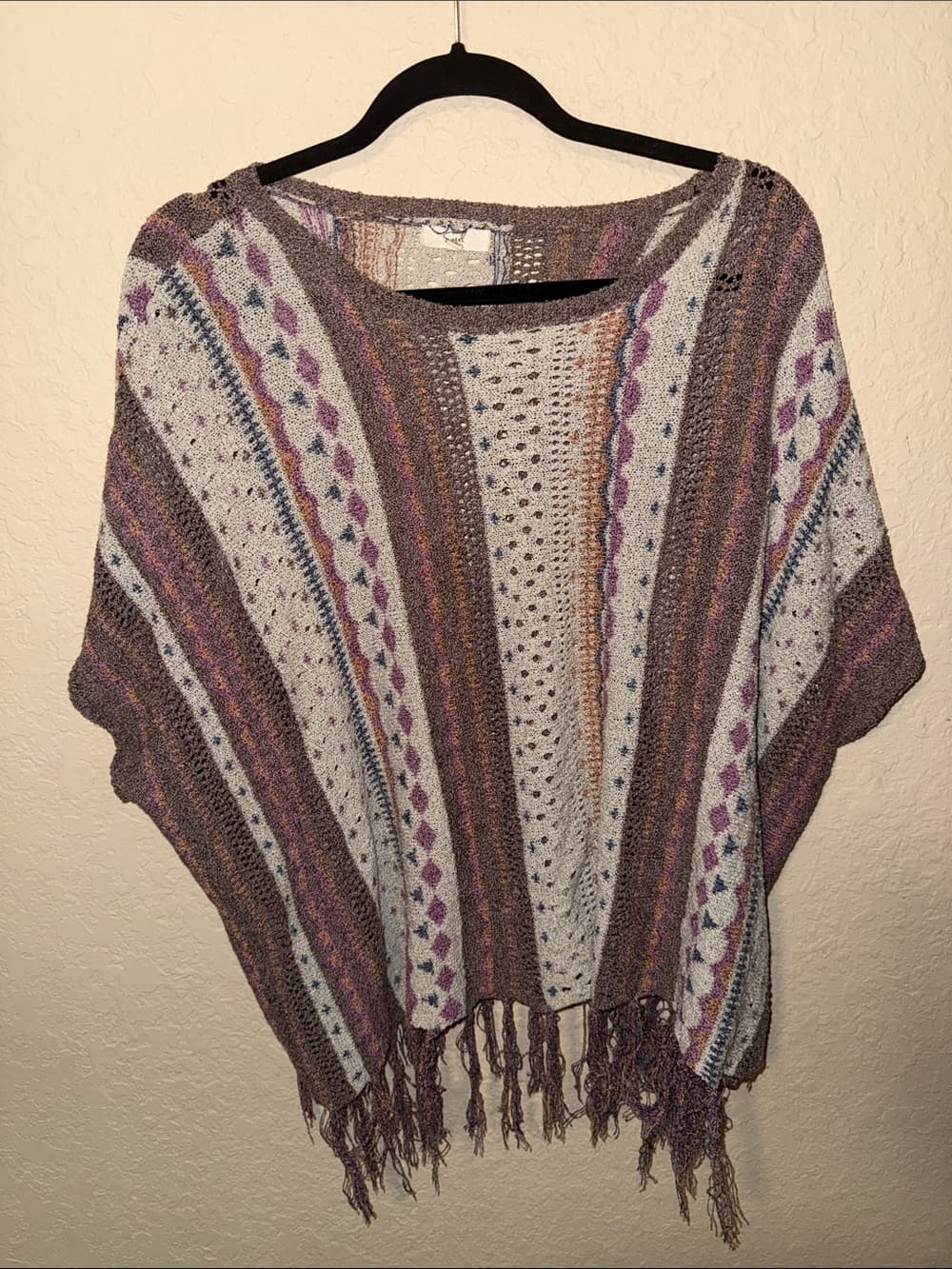 Easel Boho Knit Fringe Sweater Poncho - Neutral Stripe oversized small - Thumbnail 3