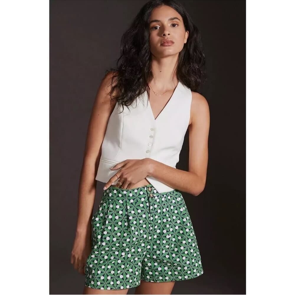 Maeve Anthropologie Green Geo-Print High Waist Shorts size 10 - Thumbnail 4