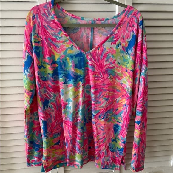 Lilly Pulitzer luxletic Pink Multi-Color V-Neck Long Sleeve Top size small - Thumbnail 5