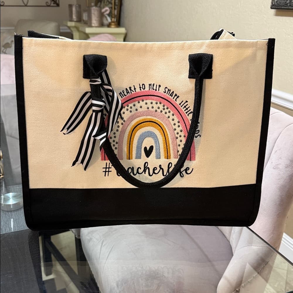 Teacher Life Canvas Rainbow Tote Bag - Cream with Black Trim - Thumbnail 4
