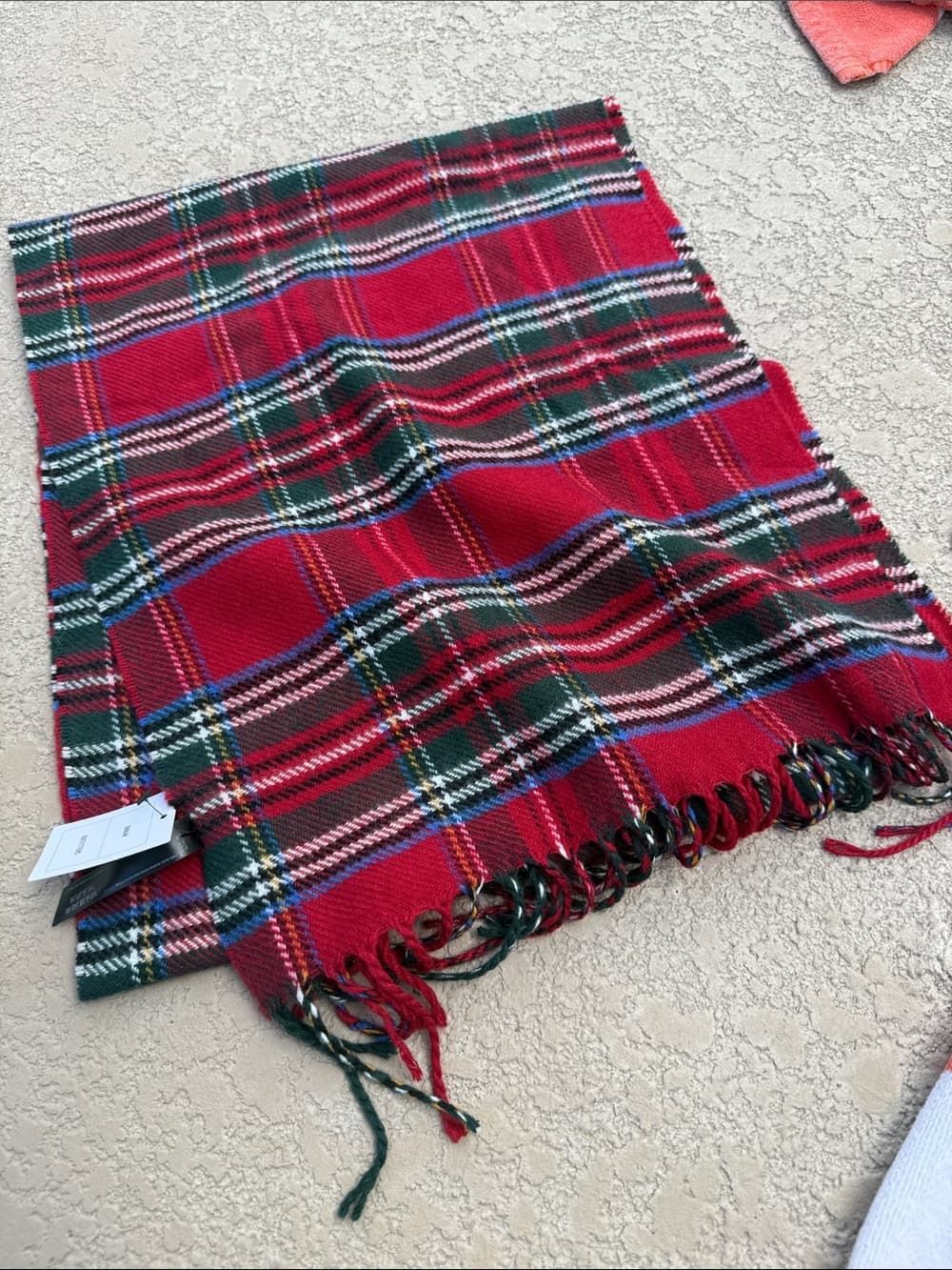 Red Plaid Fringed Wool-Blend Scarf - Thumbnail 2