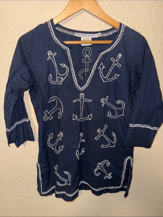 Gretchen Scott Designs Navy Blue Embroidered V-Neck Top - Thumbnail 4