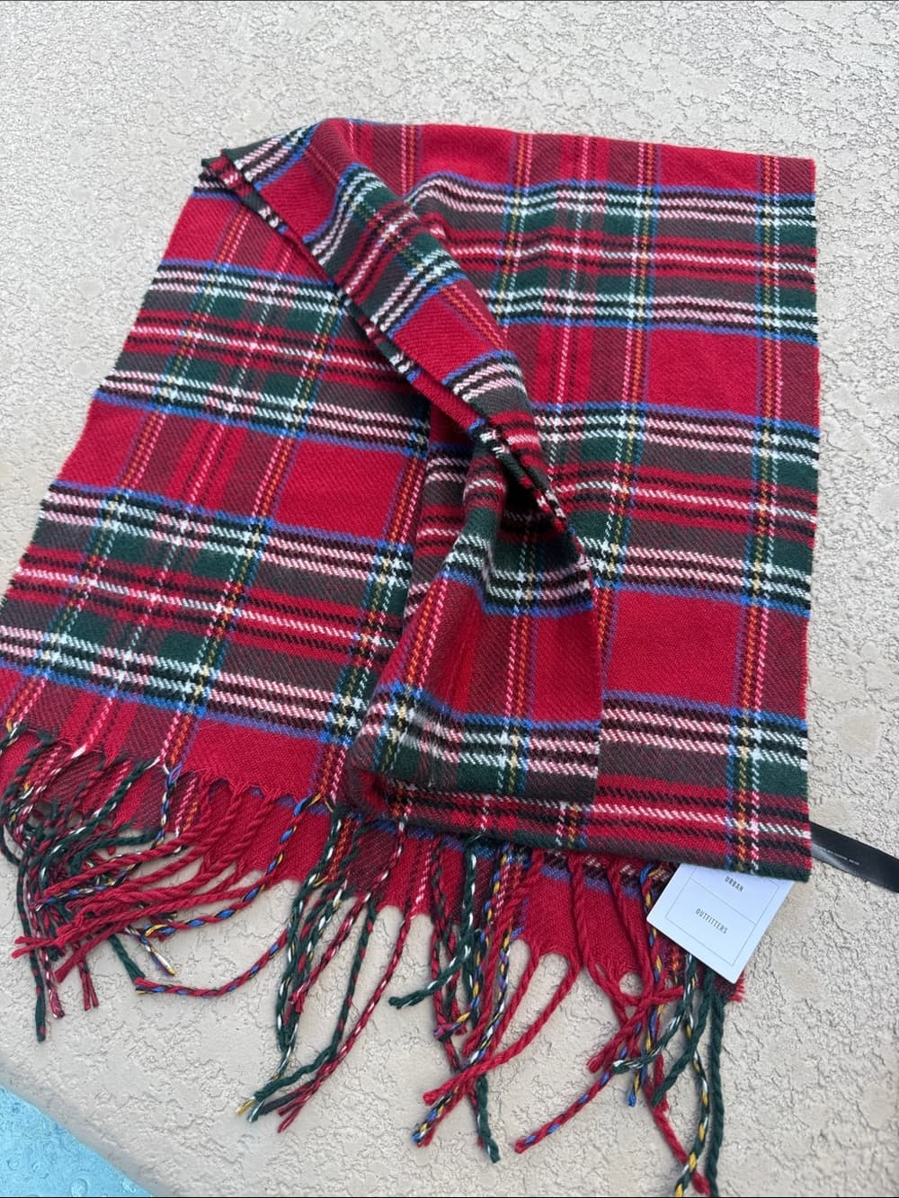 Red Plaid Fringed Wool-Blend Scarf - Thumbnail 3