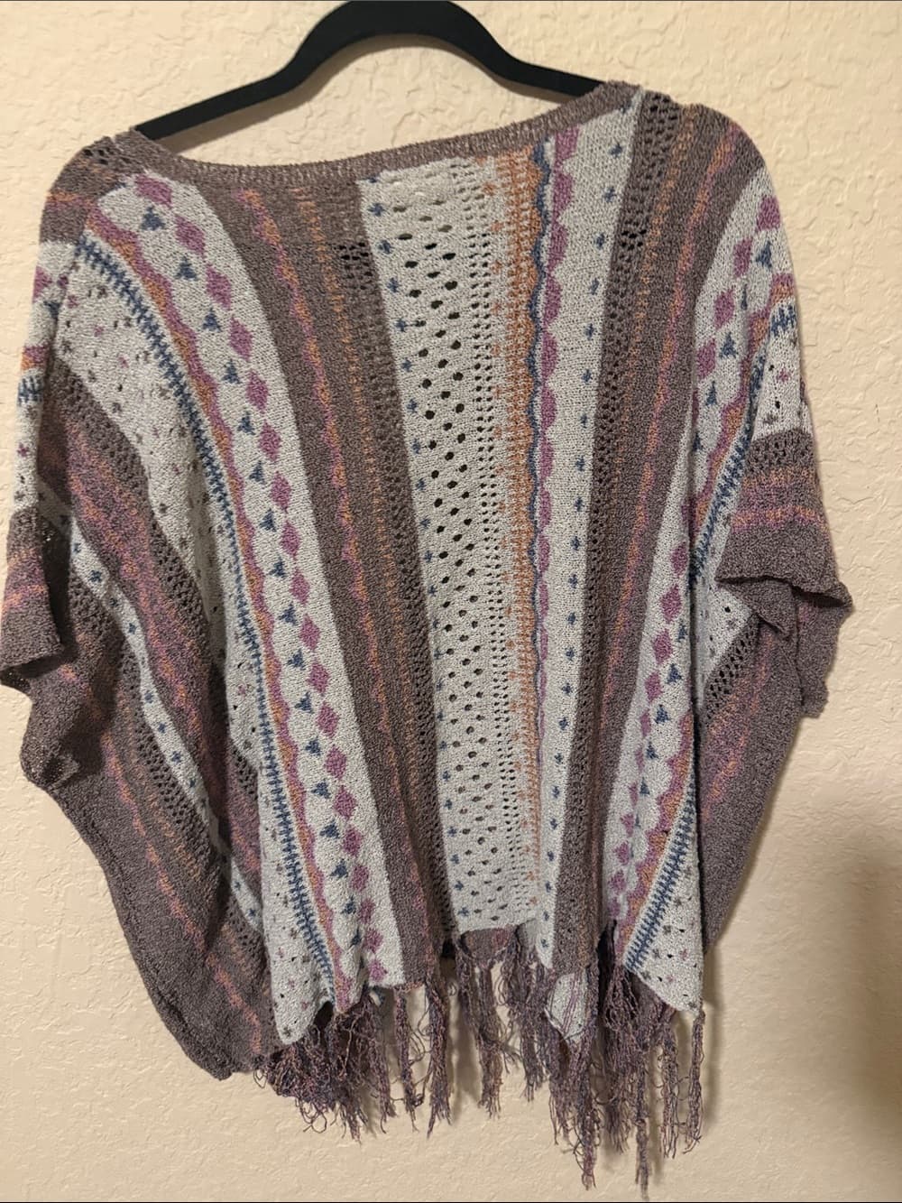 Easel Boho Knit Fringe Sweater Poncho - Neutral Stripe oversized small - Thumbnail 2