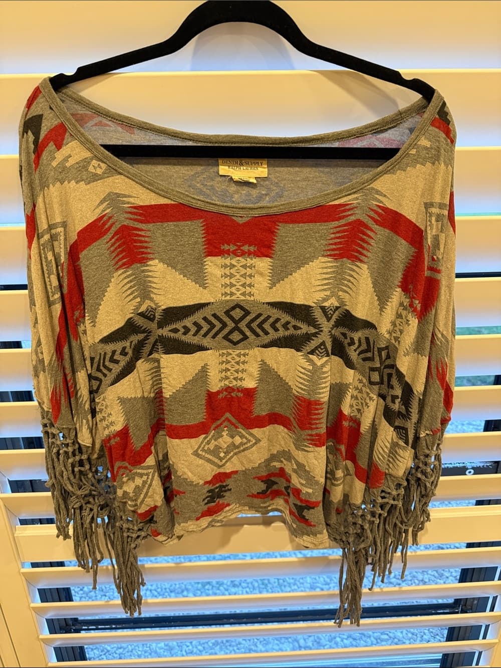 Denim & Supply Ralph Lauren Aztec Off-Shoulder Fringe Sweater in Red and Gray