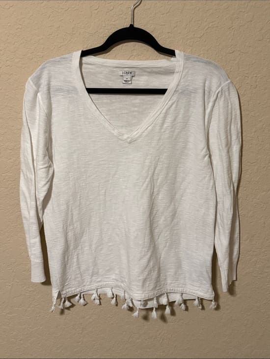 J.Crew White V-Neck Tassel Hem Women's Top - Thumbnail 4