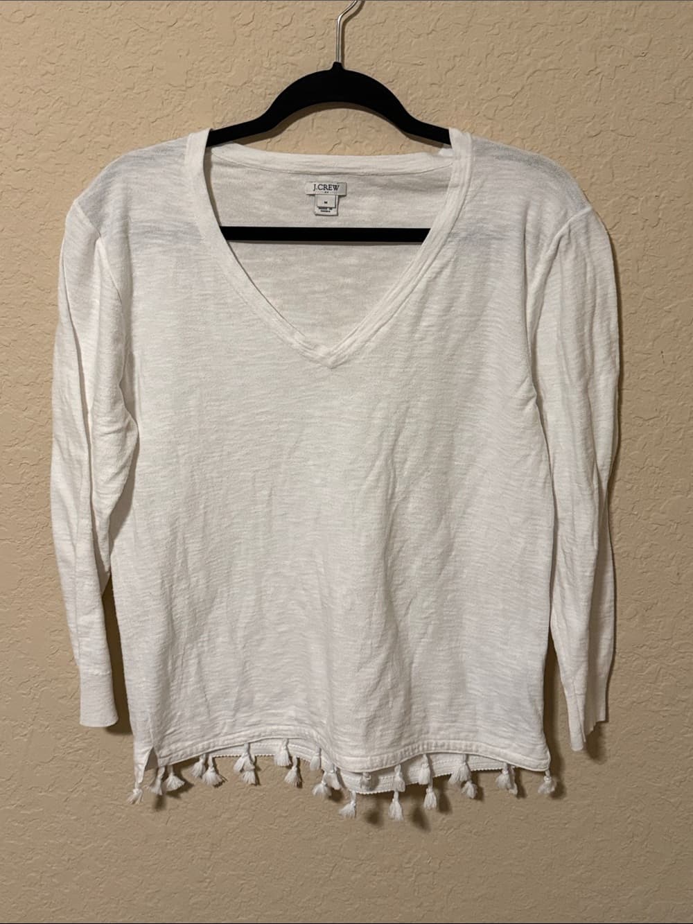 J.Crew White V-Neck Tassel Hem Women's Top - Thumbnail 3