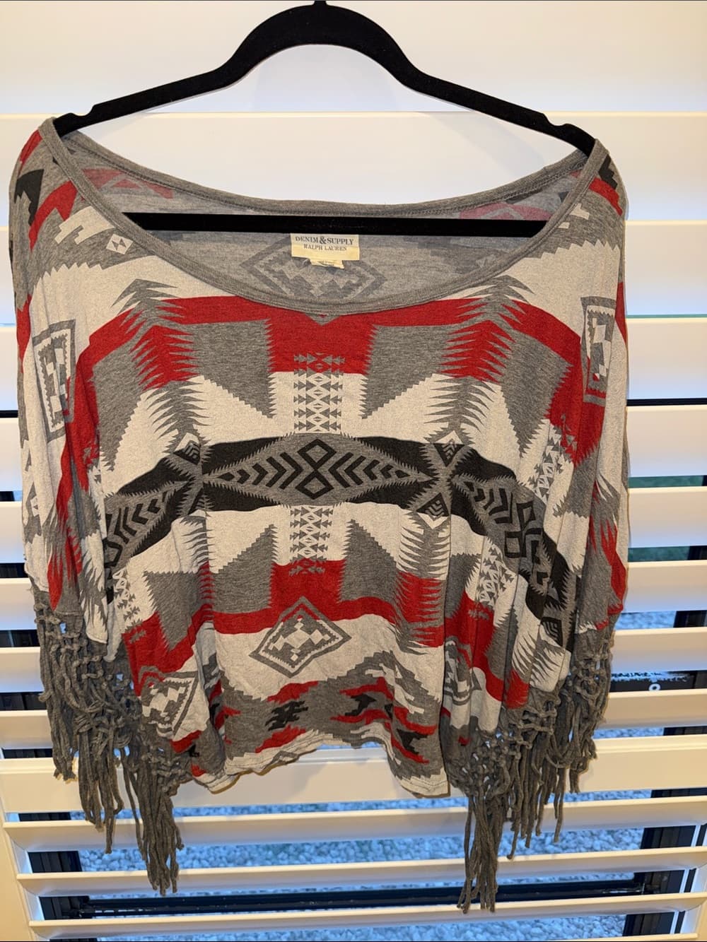 Denim & Supply Ralph Lauren Aztec Off-Shoulder Fringe Sweater in Red and Gray - Thumbnail 2