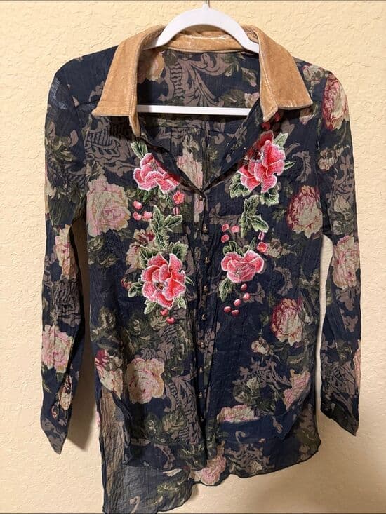 Aratta Navy Floral Sheer Button-Front Blouse with Velvet Collar size m 20" p2p - Thumbnail 5