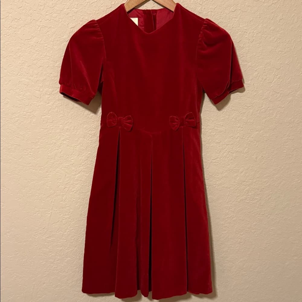 Laura Ashley Red Velvet Bow-Trimmed Holiday Dress - Thumbnail 4