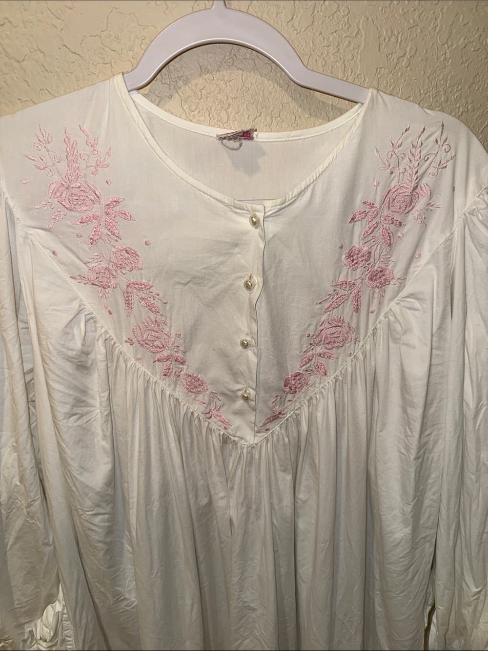 Vintage White Nightgown with Pink Floral Embroidery size medium - Thumbnail 2
