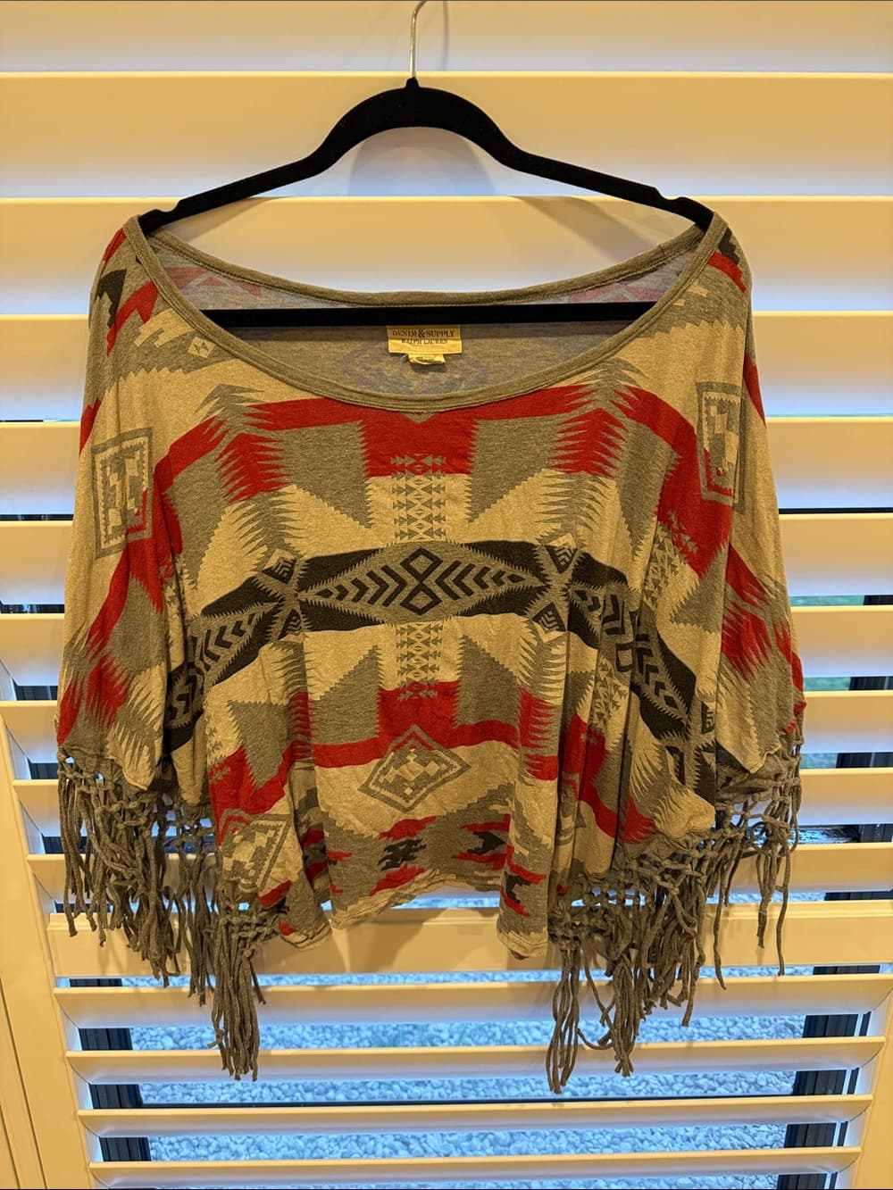 Denim & Supply Ralph Lauren Aztec Off-Shoulder Fringe Sweater in Red and Gray - Thumbnail 4