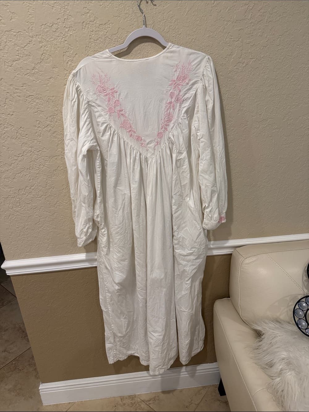 Vintage White Nightgown with Pink Floral Embroidery size medium - Thumbnail 3