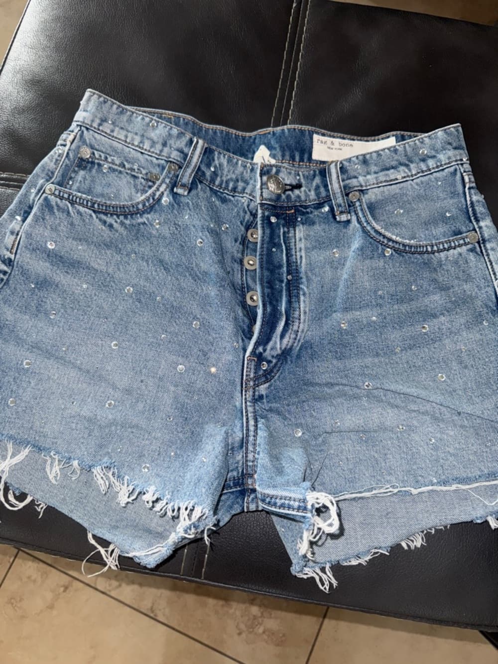 Rag & Bone High-Rise Embellished Denim Shorts - Light Blue 27 - Thumbnail 5