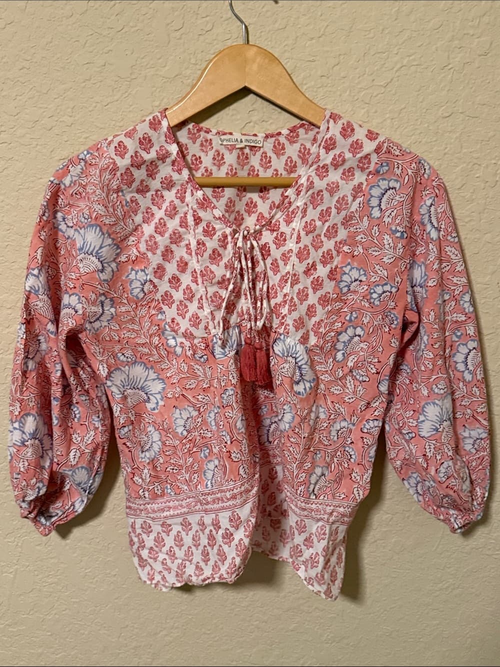 Ophelia & Indigo Coral Blue Floral Tie-Front Peasant Blouse - Thumbnail 3
