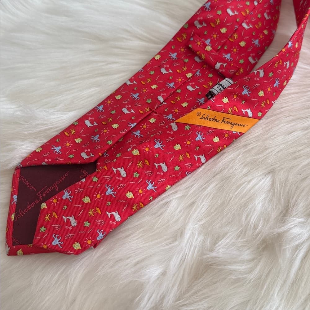 Salvatore Ferragamo Red Printed Silk Tie with Yellow Accent - Thumbnail 2
